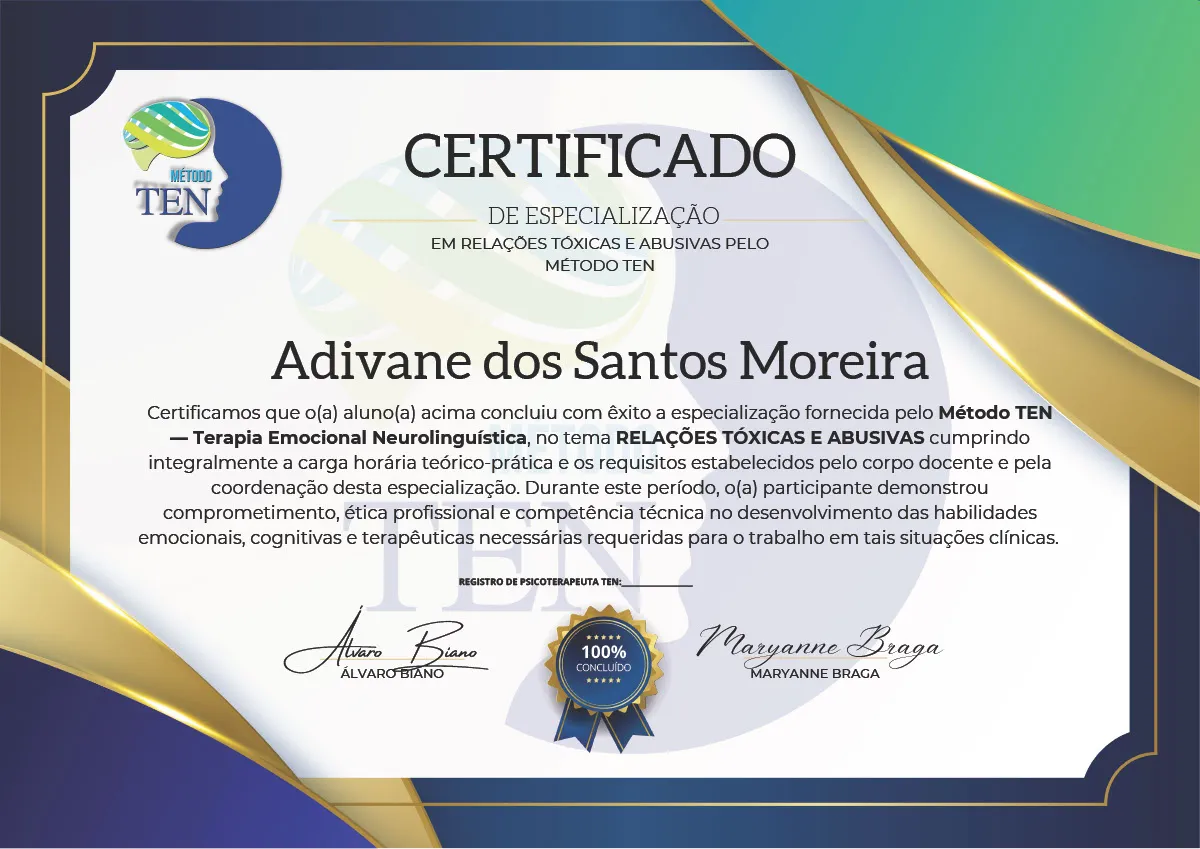 Certificado de Especialização em Relações Tóxicas e Abusivas pelo Método TEN